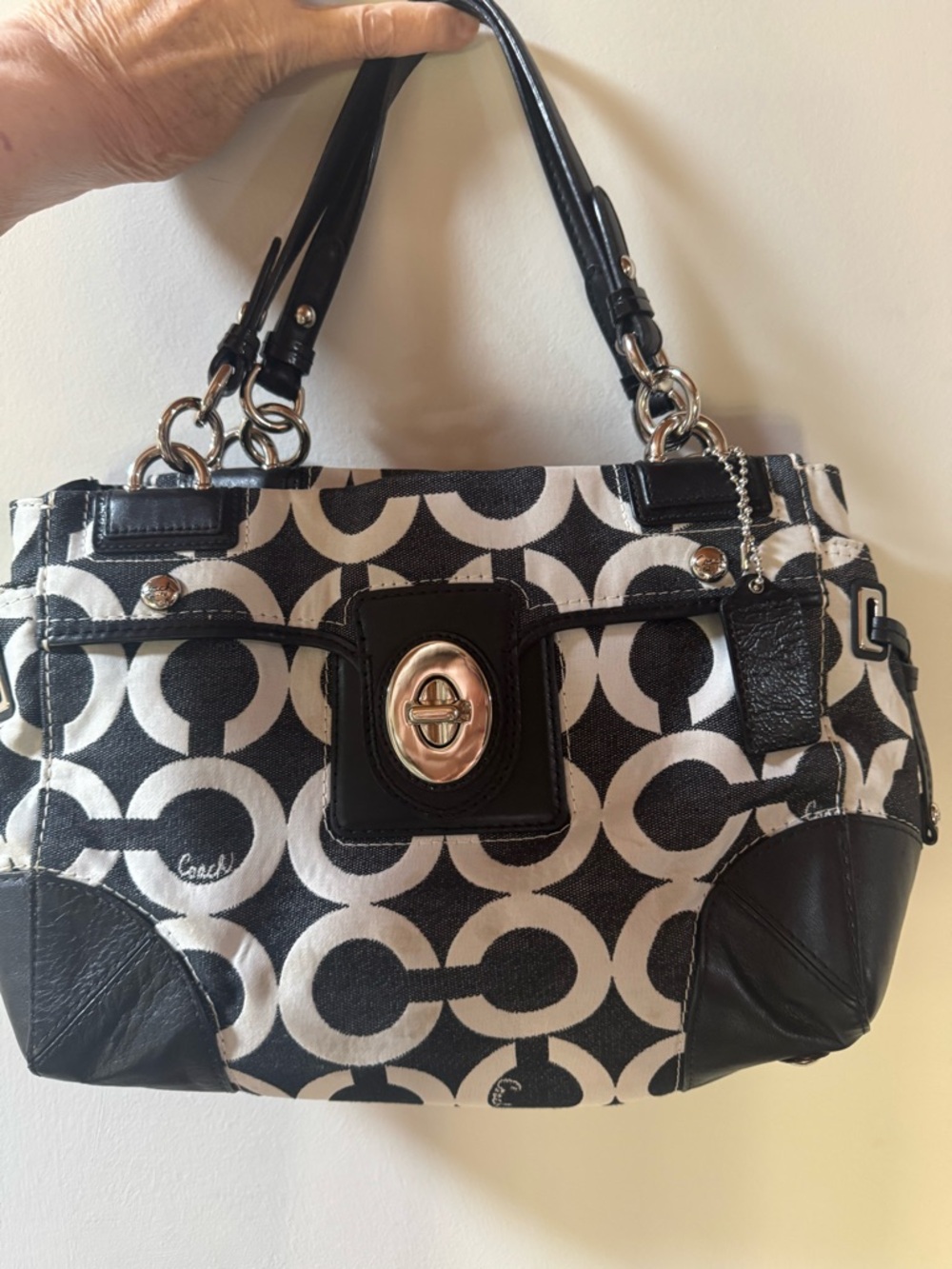 Unique Coach Peyton Carryall Denim Black and white shoulder bag